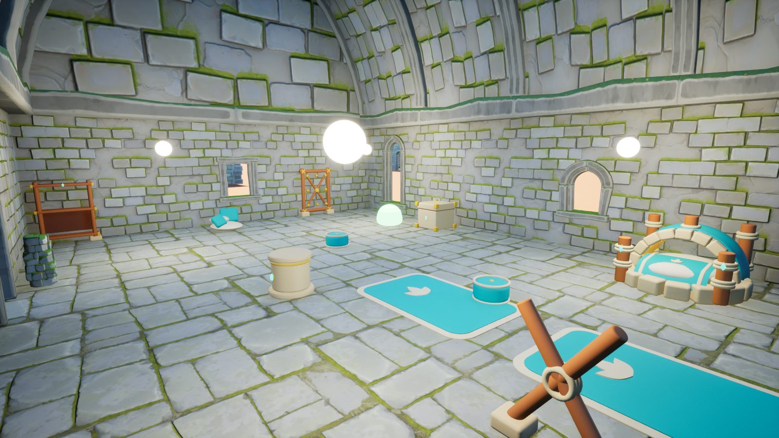 The inside of a bought house: beds, a rug, a furnace
