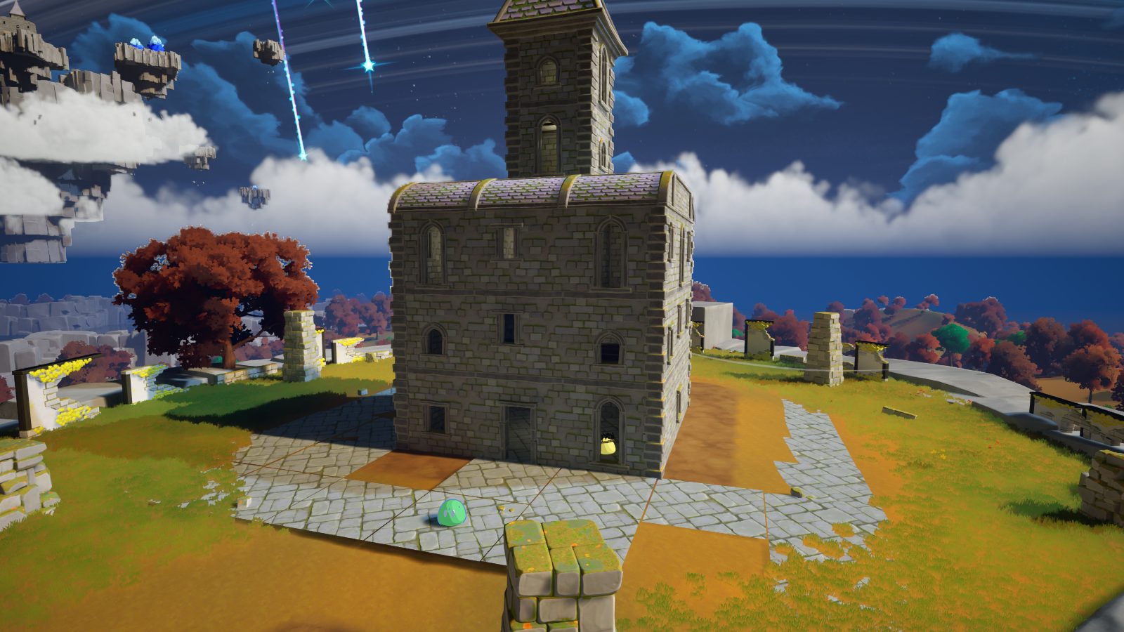 Flizzy's tall stone house on the plateau, floating islands in the sky behind it
