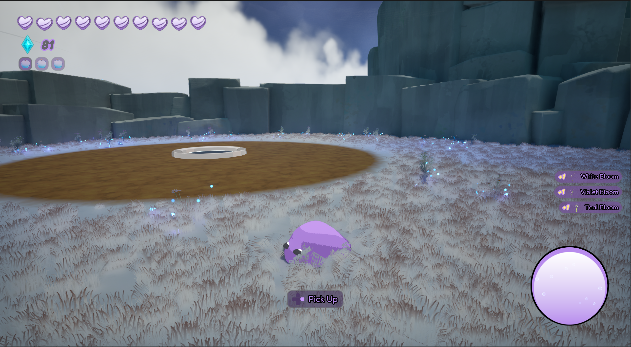 A violet Soul gathering blooms in a field of pale grass beside the rift clearing, with White Bloom, Violet Bloom and Teal Bloom pickup notices stacking up on screen.