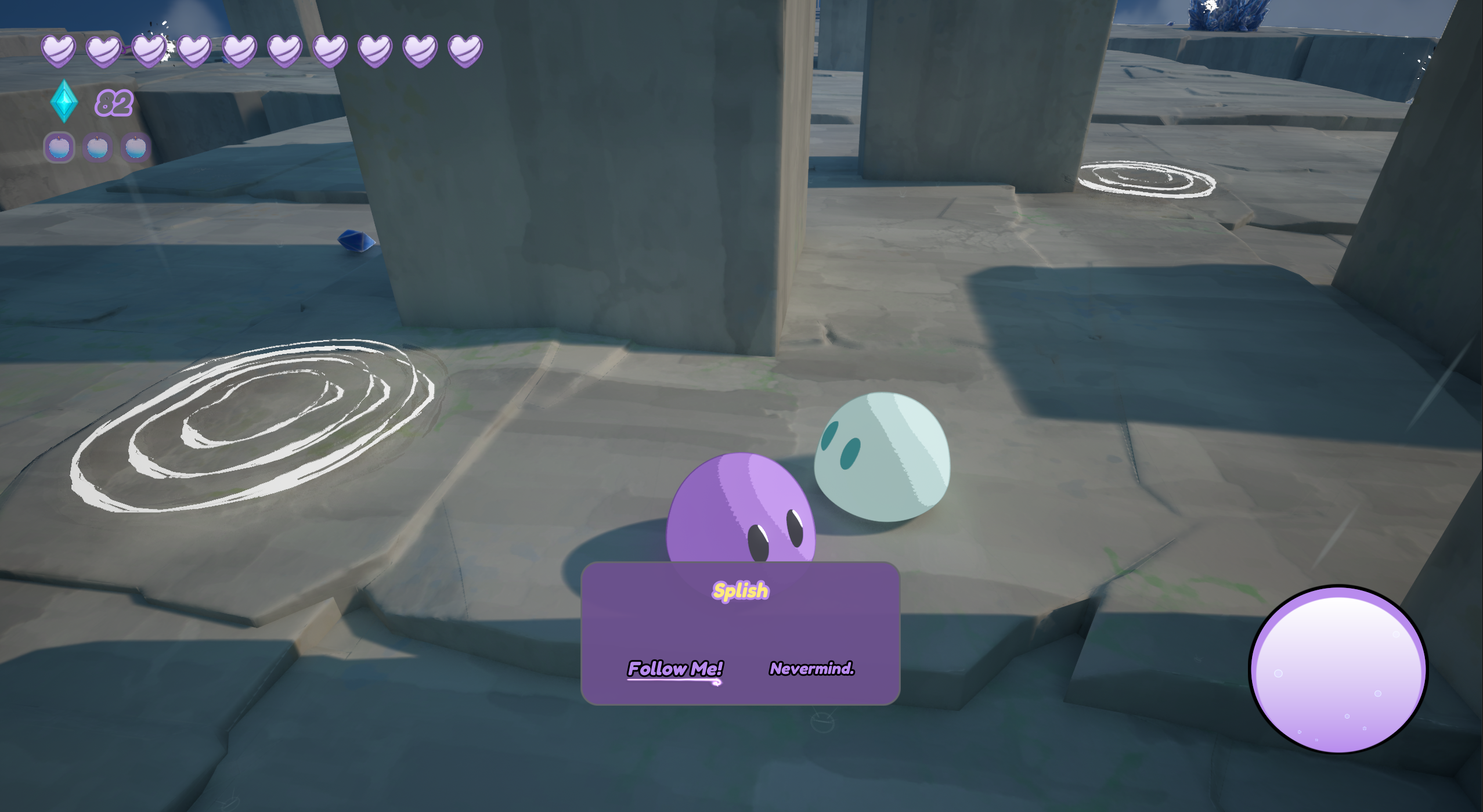 A pale Soul meets a lost violet Soul named Splish on the temple's stone floor; a dialogue box offers Follow Me! or Nevermind.
