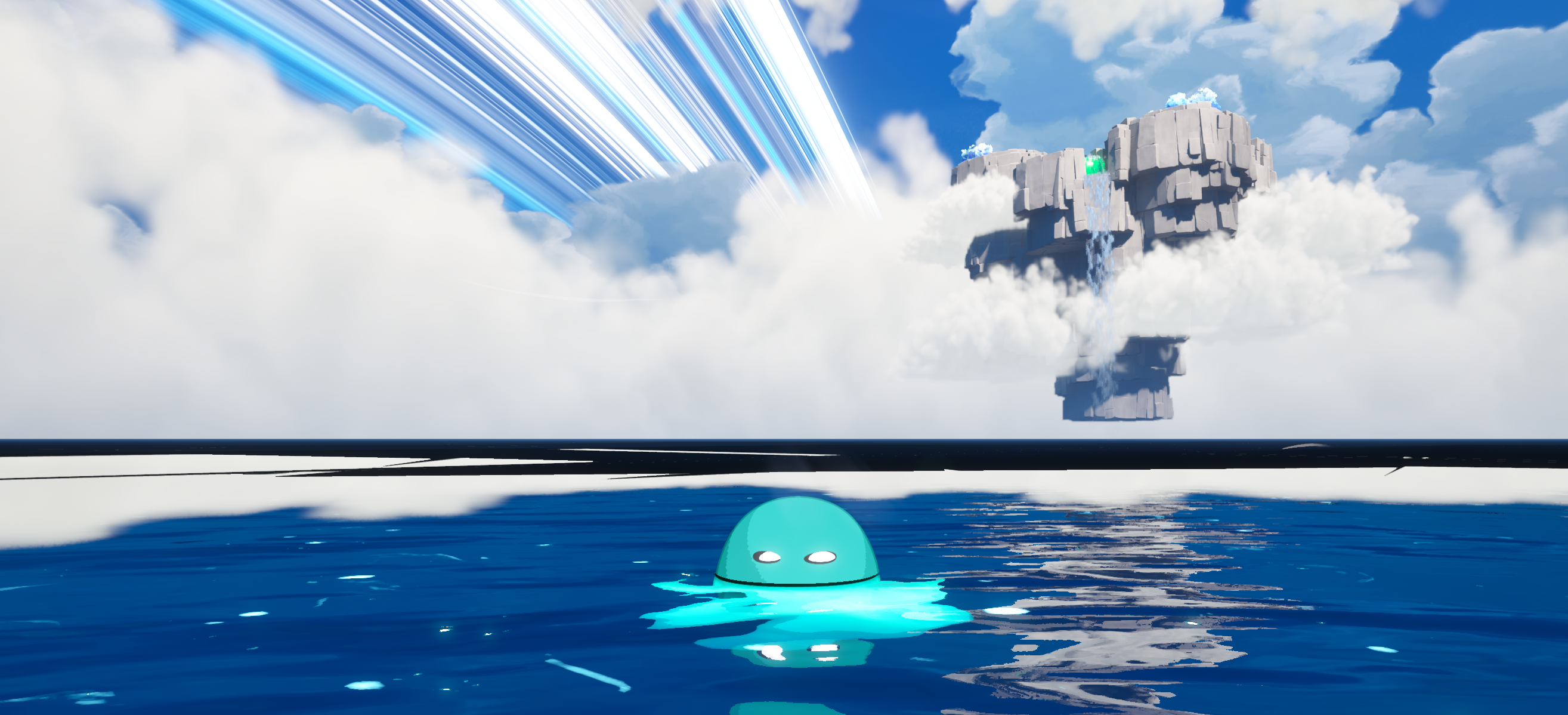 A floating stone island trailing waterfalls, hanging in a bright cloudy sky above open water.