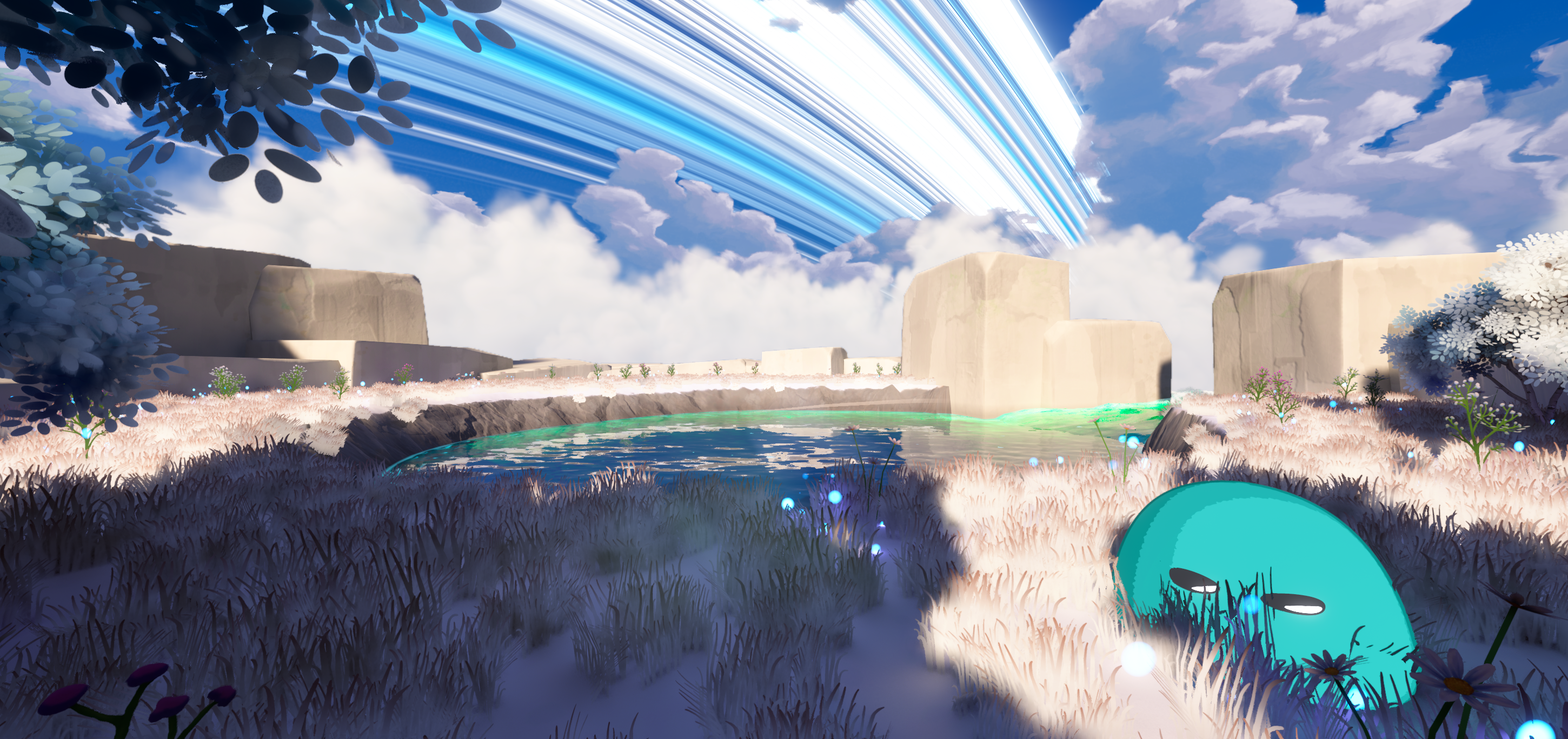 A wide painted meadow of pale wheat grass around a blue pond, tall sandstone blocks on the horizon and a teal Soul resting in the foreground.