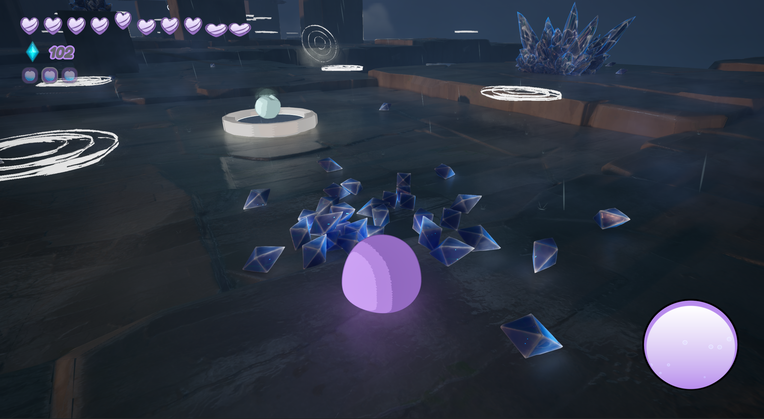 Inside the sky temple: a violet Soul on dark wet stone surrounded by scattered blue crystal shards, a glowing rune ring nearby and a crystal cluster at the rim.