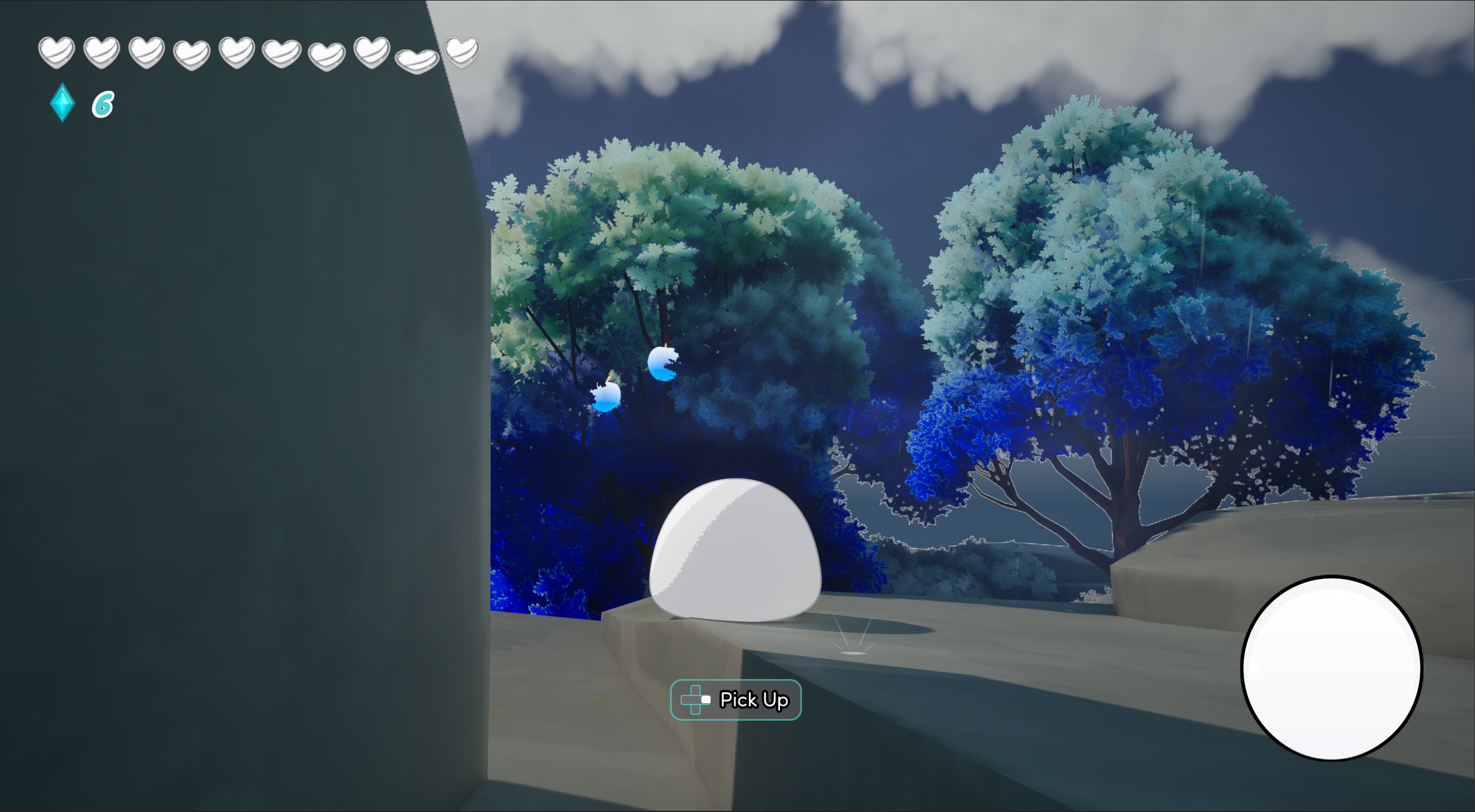 A white Soul on a stone ledge at dusk, looking up at pale blue Speedle fruit hanging in the branches of a blue-leaved tree, with a Pick Up prompt on screen.