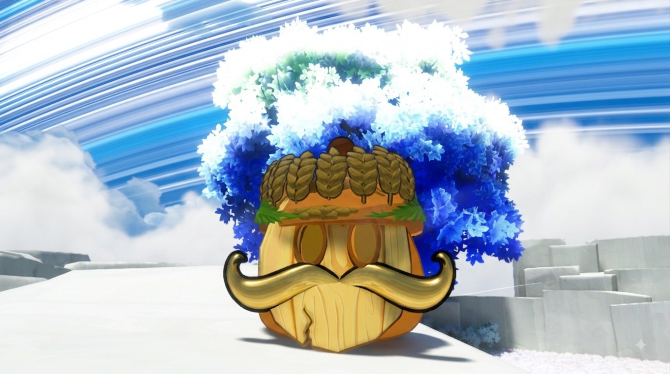 An orange Soul kitted out in Fits: a carved wooden mask with a gold handlebar moustache and a wheat crown, standing under a blue blossom tree.