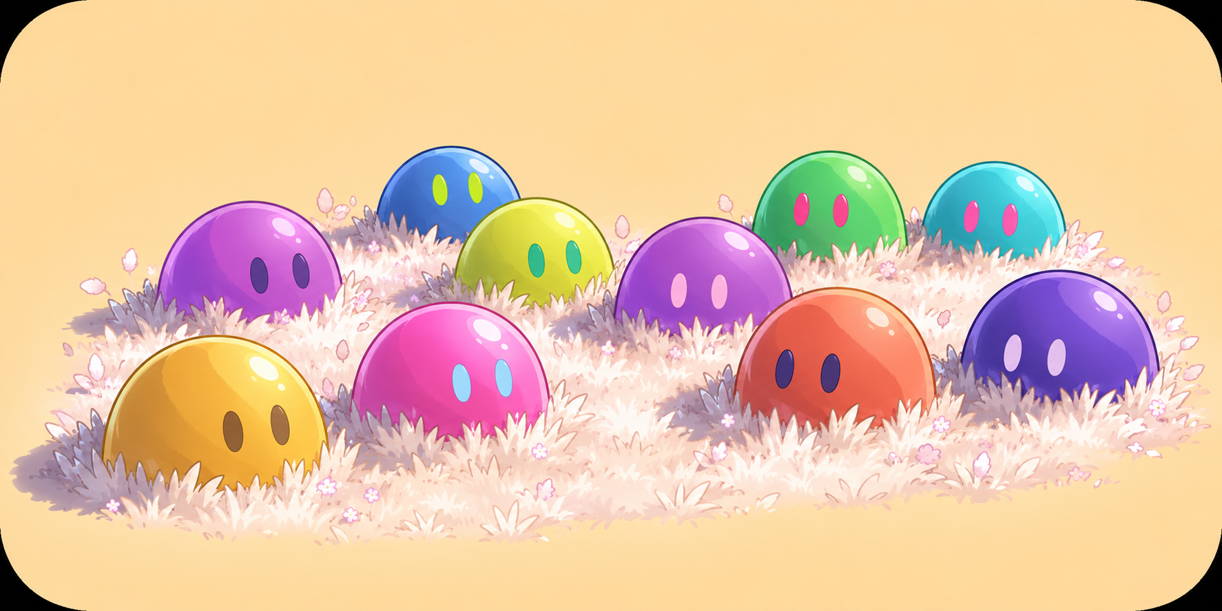 Eleven glossy dome-shaped Souls in yellow, pink, purple, blue, green and teal, each with two simple eyes, sitting together in pale flowering grass.