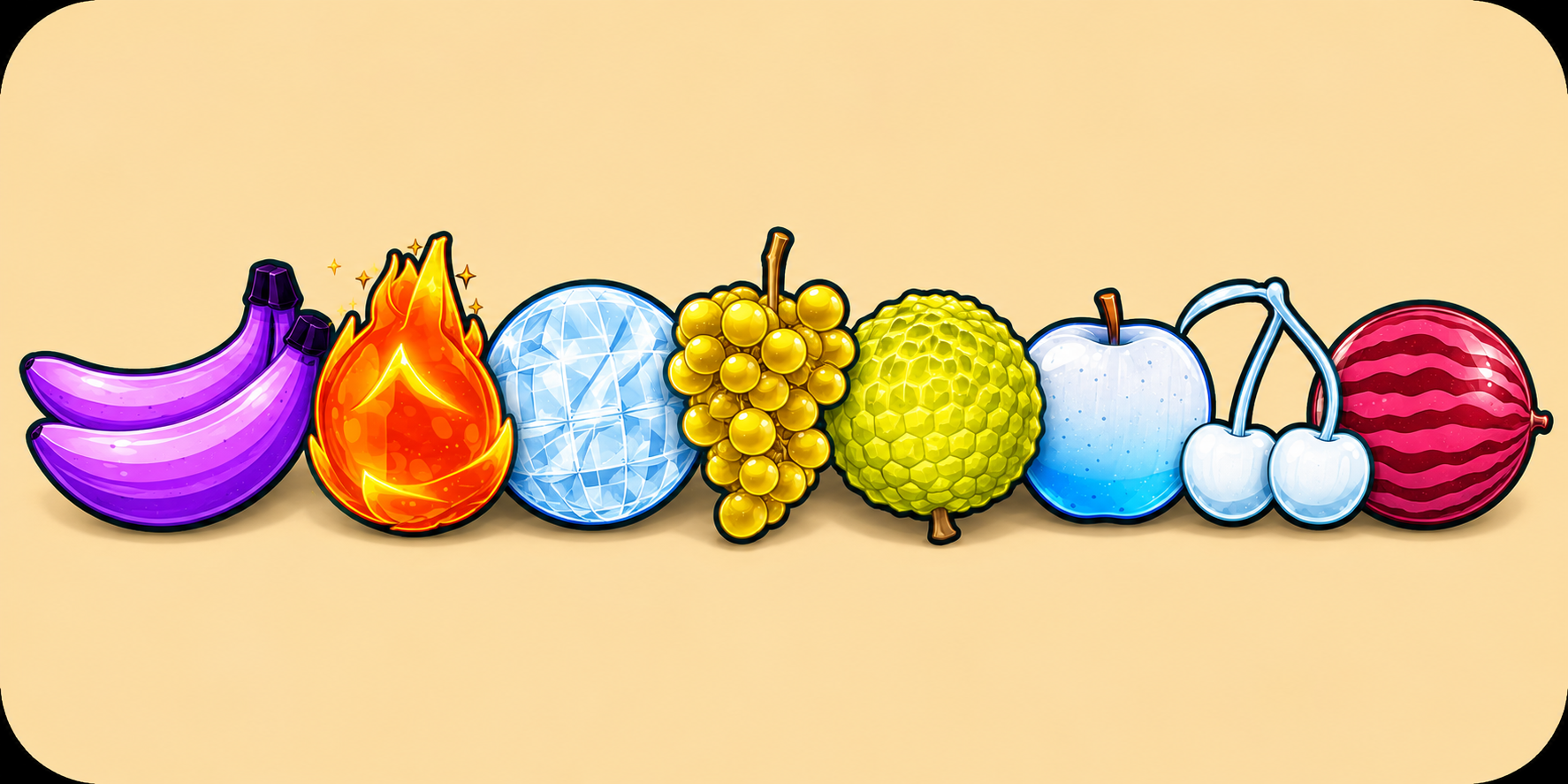 A row of stylised game fruit: purple bananas, a flame fruit, a crystal sphere, golden grapes, a green honeycomb fruit, a blue apple, white cherries and a striped red melon.
